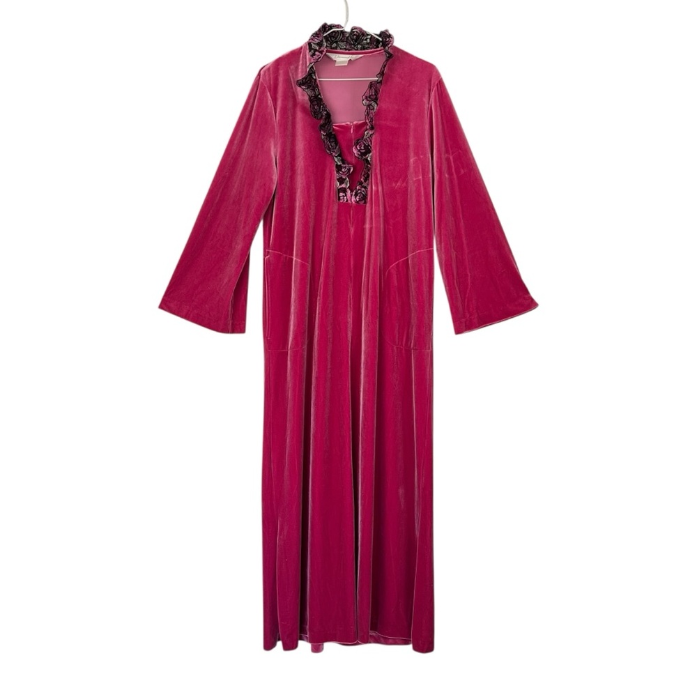 Vintage Diamond Tea Pink Velvet House Coat Robe Lace Rose Trim Maxi SZ Small